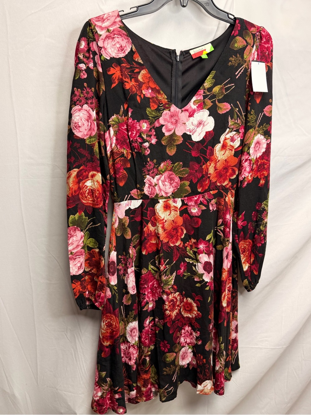 V-Neck Long Sleeve Floral Dress in Black with Pink & Red Blooms
